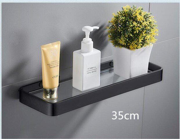 Badeværelseshylde bad bruser hylde søm fri glas hylde satin badeværelse hjørne hylde 25-50cm aluminium køkken opbevaring holder: 35cm sorte