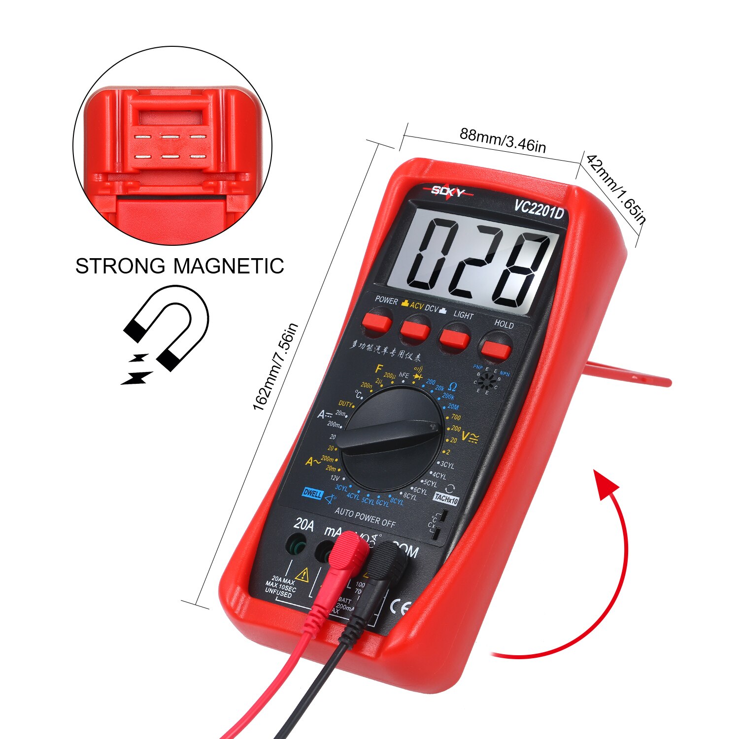 Digital multimeter bilmåler tester med batteri alligator clips testledninger ac/dc voltmeter amperemeter ohmmeter test