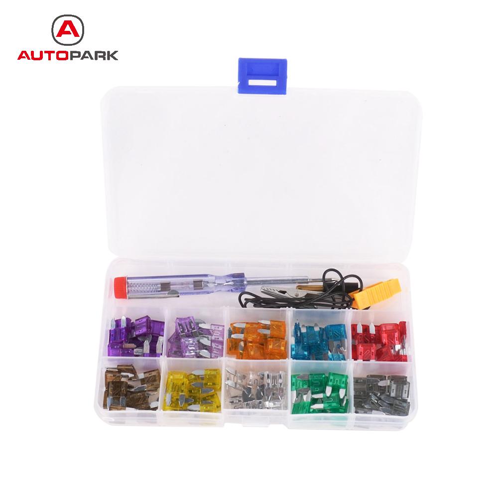 100 stks Mini Auto Zekering Kit Kleurcode voor Tien Amps Zekeringen met Alligator Clip Elektrische Tester Tweezer Zekering Puller