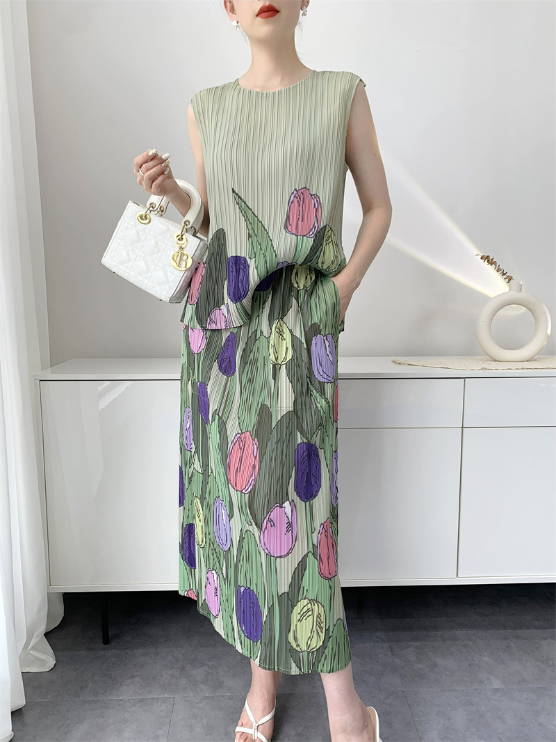 Miyake Wind Plissee Druck Anzug Frauen 2025, Sommer Neue Bequeme Top + Halb Rock Temperament Alterung Anzug