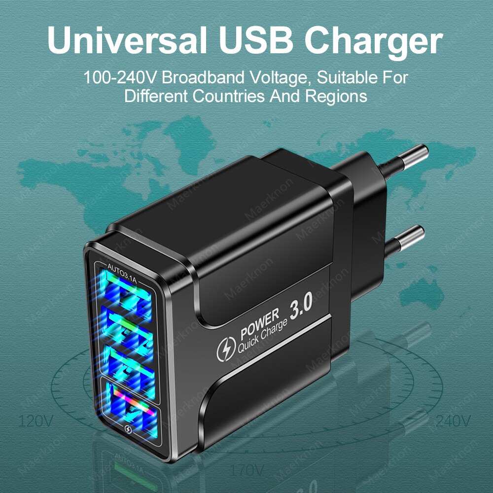 Chargeur USB universel 48W Quick Charge 3.0/4.0, avec lumière LED, compatible avec iPhone 12 et Xiaomi, pour téléphone portable et tablette