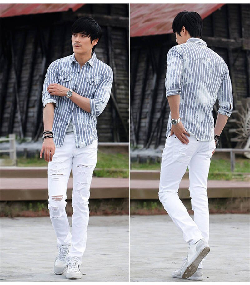 European and American white ripped jeans super skinny Japanese men ragged jeans
