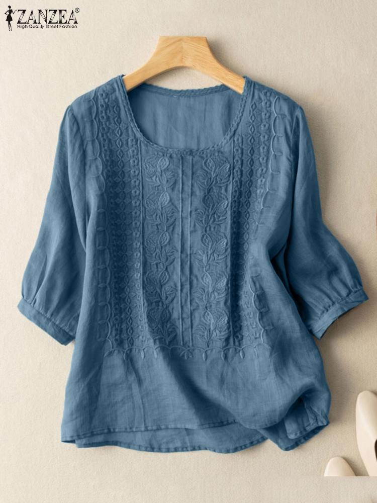 ZANZEA Summer Eleagnt Shirts Women O Neck Floral Embroidery Blouse 3/4 Sleeve Work Tops Causal Loose Cotton Blusas Femme Tunic: S / Blue