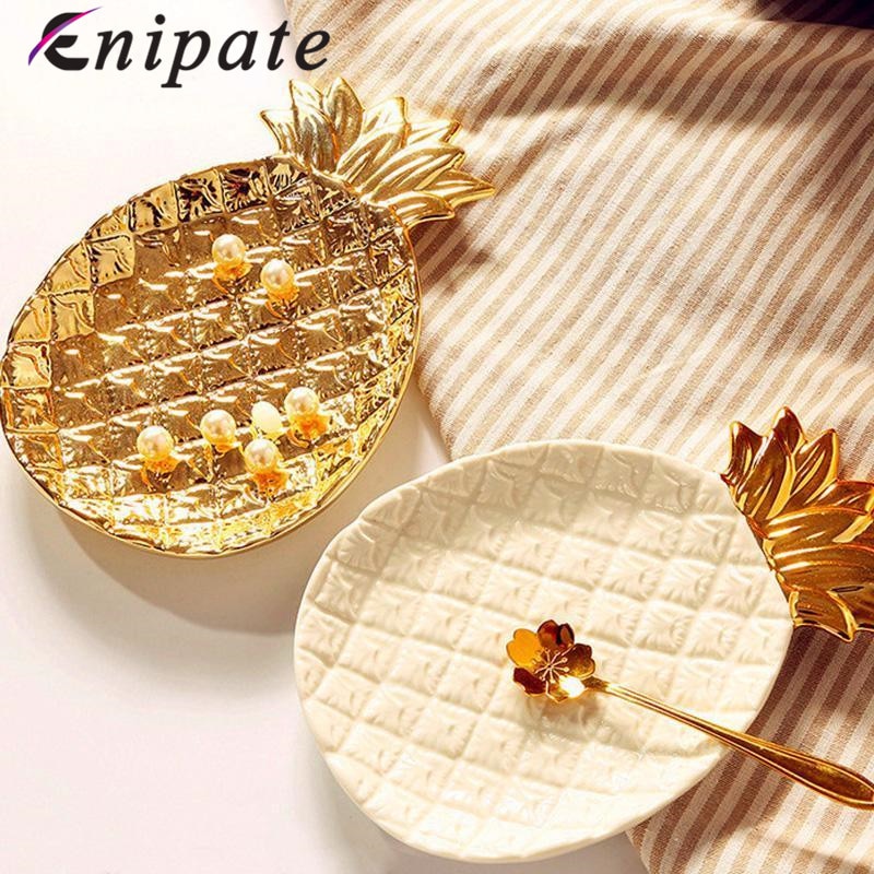 Placa de cerámica para Piña dorada Enipate, plato de joyería, plato de porcelana con hoja, almacenamiento de cosméticos, postres, aperitivo, plato, decoración del hogar