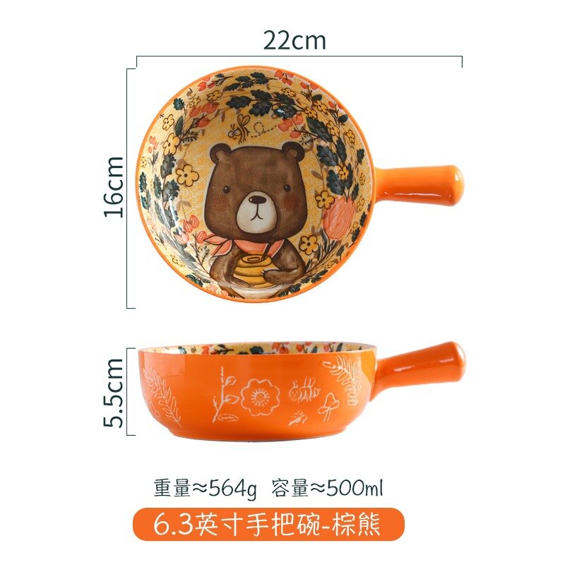 Cartoon Handle Bowl Household Fruit Salad Bowl Tableware Cute Animals Instant Noodle Bowl Ceramic Baking Bowl: A