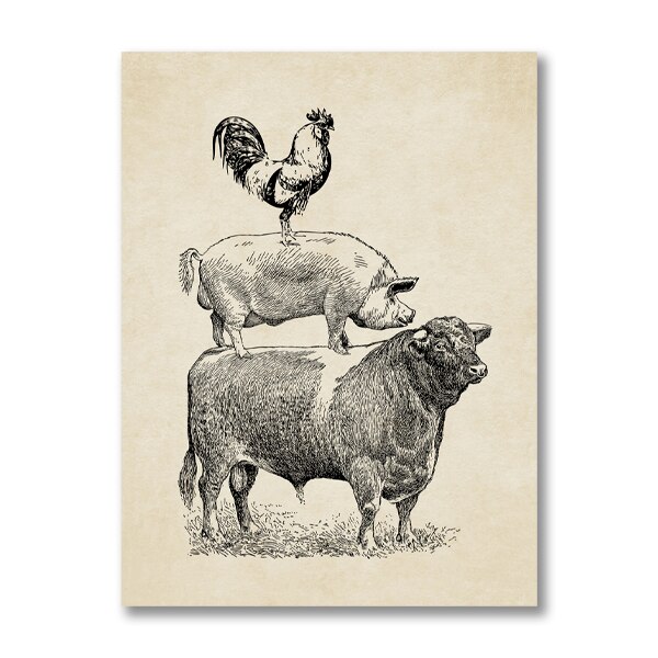 Pluimvee Koe Varken Kip Vintage Poster Keuken Decor, Franse Land Boerderij Retro Poster Kraftpapier: 21x30cm No Frame