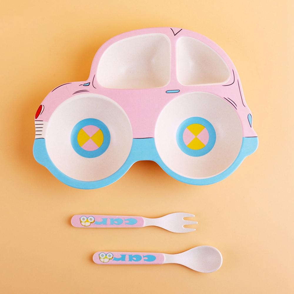 Children's Plate Cute Car Cartoon Household Dishes Bowls Baby Feeding Plate Toddlers Eating Tray Fork Spoon Set: Pink