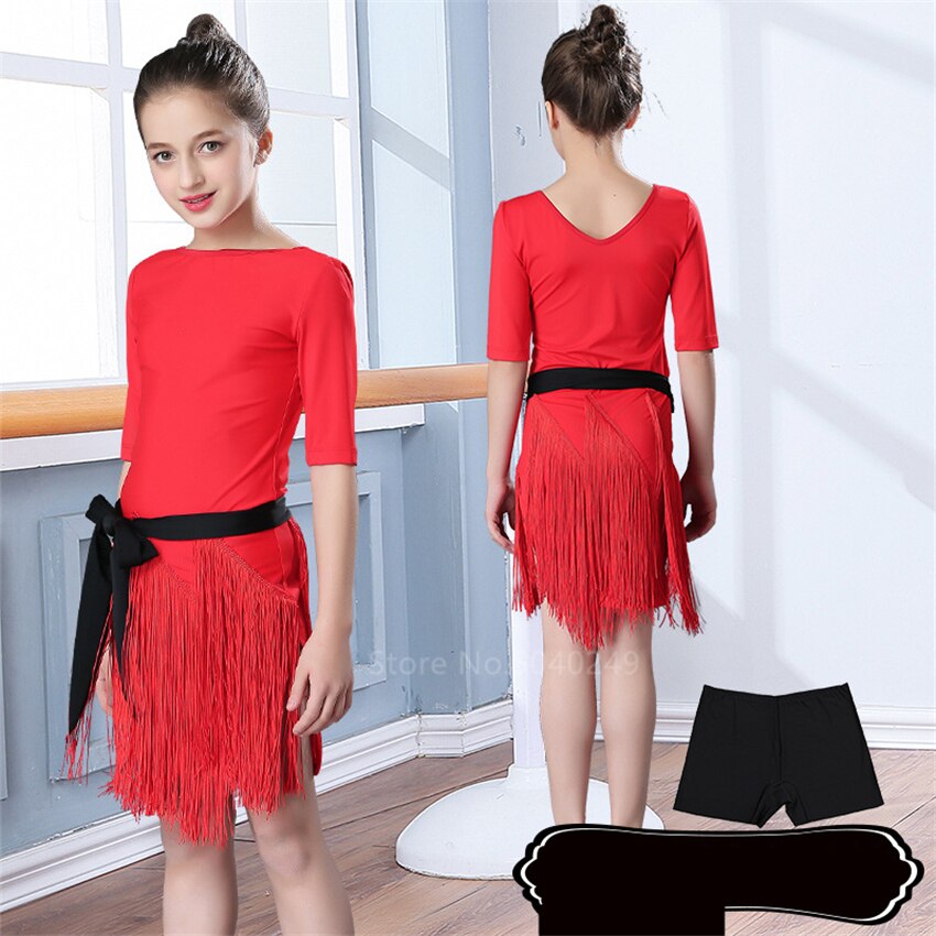 Latinsk dansekjole pige kvast nederdel latinsk salsa børn balsal kjoler halværmet frynser samba karneval kostumer tango børn: Farve 3 / Højde 170cm