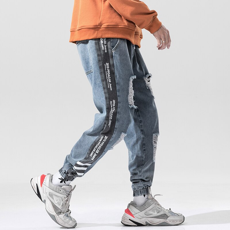 Herre ripped jeans bukser smukt tryk patchwork stribe huller punk streetwear jeans mænd denim bukser plus str. 5xl