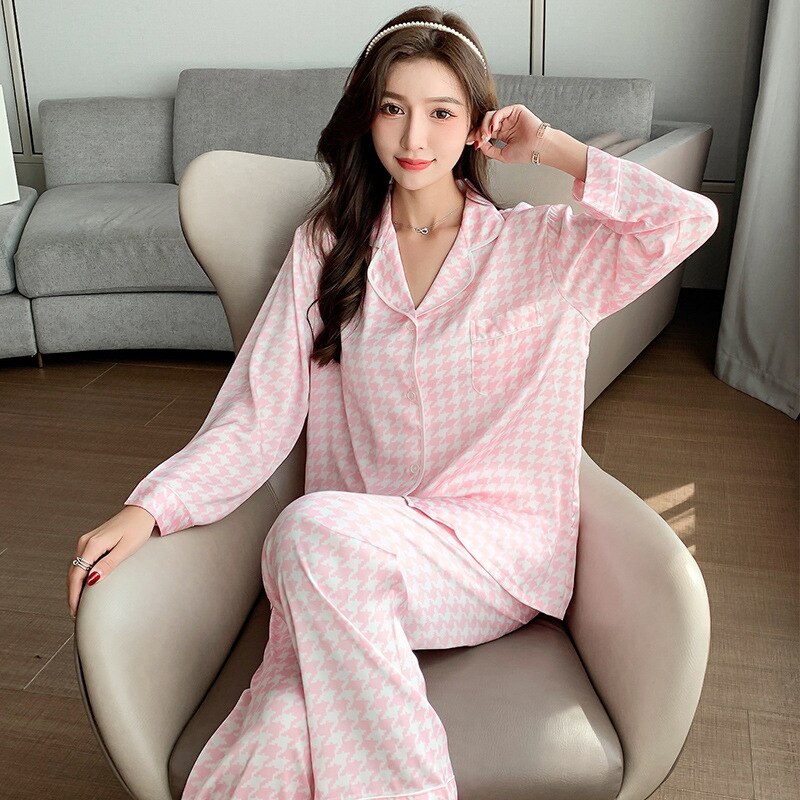 QWEEK Houndstooth Pajamas Women Silk Autumn Pijama Casual Sleepwear Bedroom Set Piece Loungewear Pyjamas Long Sleeve Pjs