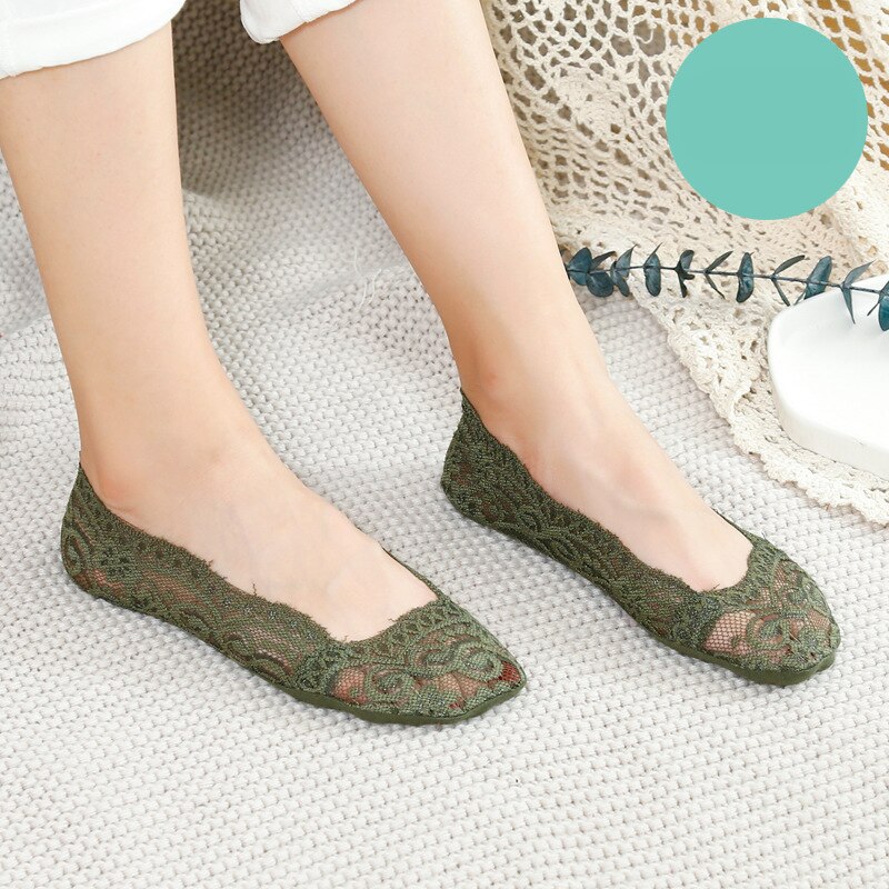 Women Solid Color Socks Lace Invisible Perspective Socks Summer Thin Breathable Socks For Female Silicone Non-slip Lining Socks: Green