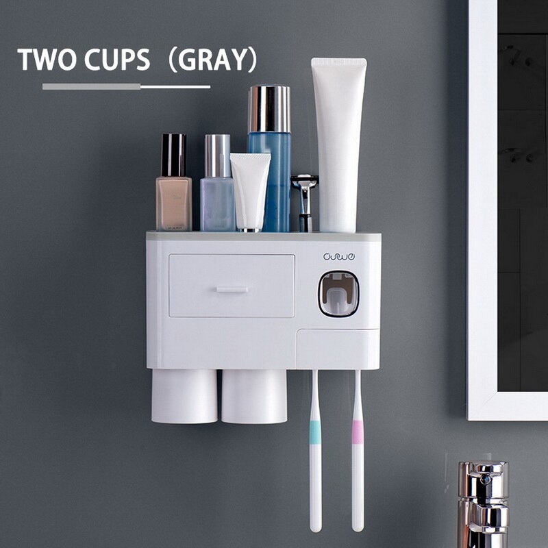 Magnetic Adsorption Inverted Toothbrush Holder Automatic Toothpaste Squeezer Dispenser Storage Rack Bathroom Accessories: 2 Cups Gray