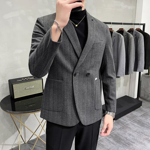 Chaqueta a rayas de doble botonadura para hombre, Blazer grueso de estilo británico, de corte entallado ropa sencilla, traje informal, abrigos de negocios, S-3XL Formal: Gray / Asia M 52-57KG