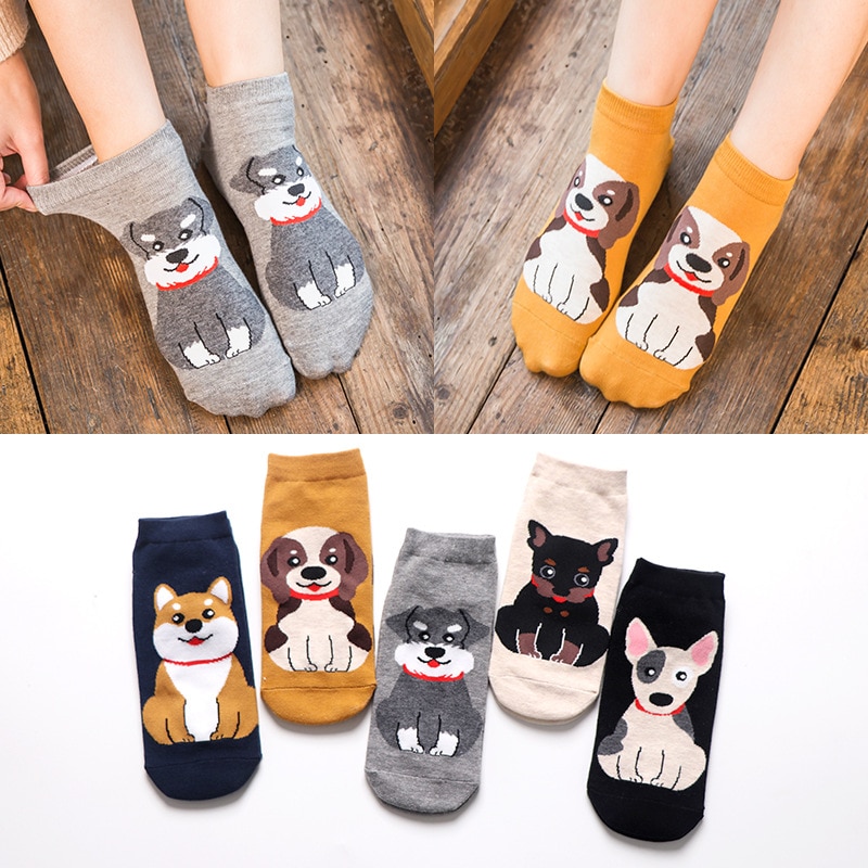 Primavera otoño lindo Animal mujeres algodón calcetines cortos Tide Dog Kawaii Bull Terrier Beagle japonés Casual Happy Funny Calcetines