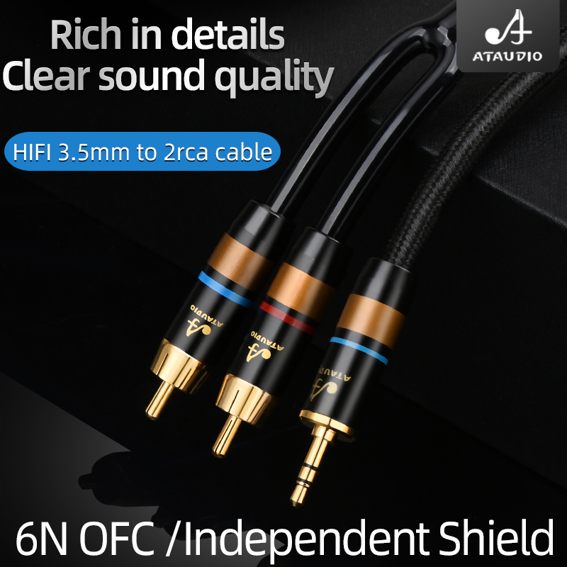 Hifi 6n ofc 3.5 mm to 2 rca lydkabel hifi telefon datamaskin til forsterker lydkabel 3.5 to dobbel rca kabel