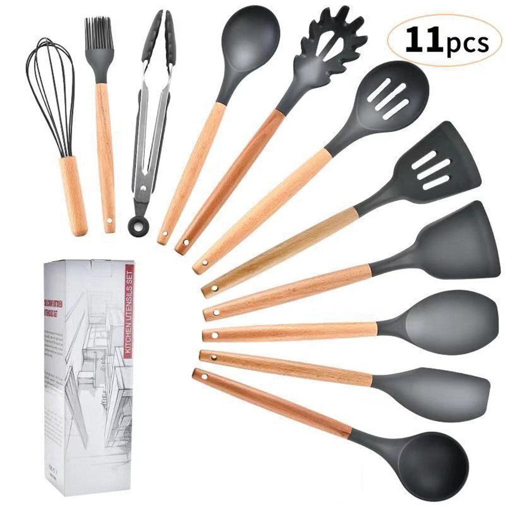 Wooden Handle Silicone Kitchen Ware Storage Non-Stick Spatula Kitchen Utensils silicone cooking tool set: Maroon