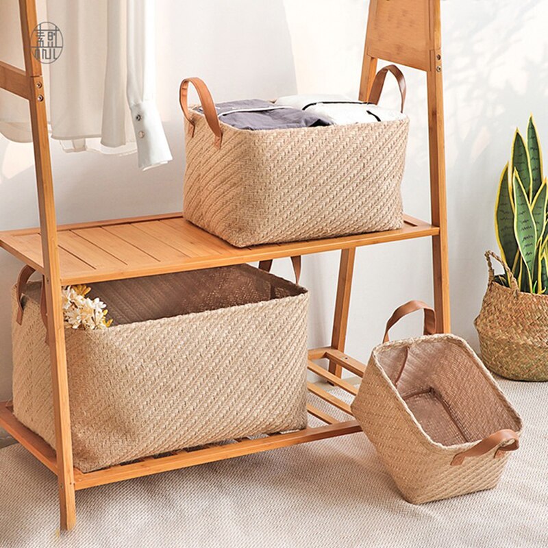 Foldable Jute Storage Basket Rectangle Storage Baskets with Handle Home Toys Sundries Organizer Washable Laundry Container