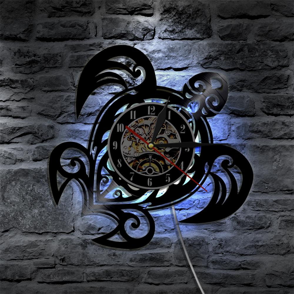 Sea Turtle Shape Wall Clock Sea Animals Vinyl Record Wall Clock Sea Turtles Silhouette Beach Decor 3D LED Night Light: With LED Light
