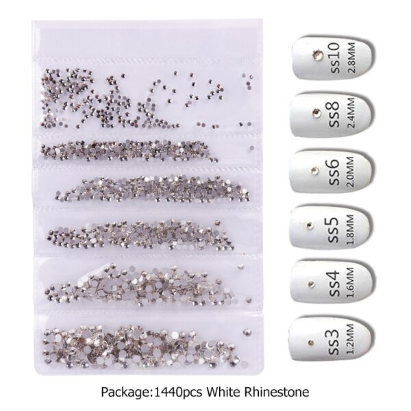 1440 stk ab hvide negle rhinestones sat flad tilbage negle strass krystal sten 3d nail art dekoration tilbehør værktøj  la880: 01
