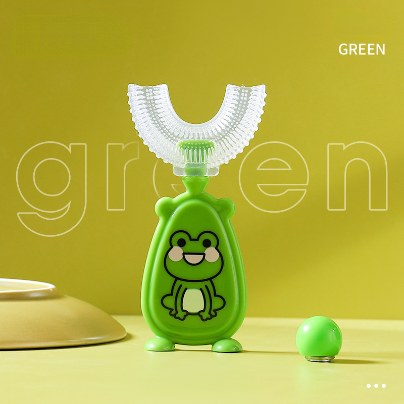 2-8Y Cute Animal Kids spazzolino a forma di U spazzola in Silicone per bambini 360 spazzolino da denti filo per bambini spazzolino da denti U spazzolino da allenamento: green frog