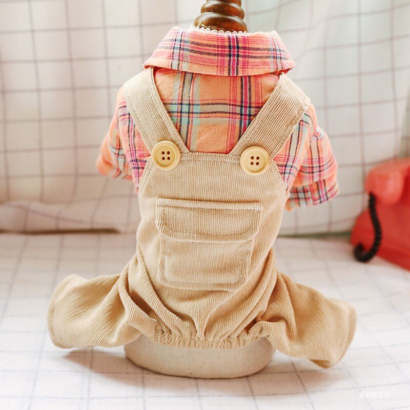 Spring Summer Dog Clothes four-legged Pink Lattice Suspenders Pet TeddyClothes Casual Button Suit XS S M L XL