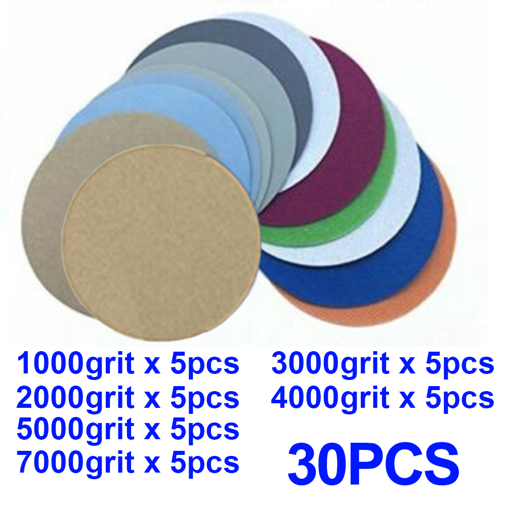 30 discos de lixa de carboneto de silício, à prova d'água, 1000/2000/3000/4000/5000/7000, lixa traseira, ferramenta de papel, areia de água