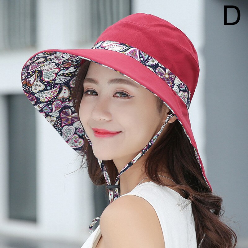 Female Flower Print Double-sided Cotton Linen Sun Hat Women Big Wide Brim Anti-UV Foldable Beach Hats Lady's Bucket Hat: Wine Red