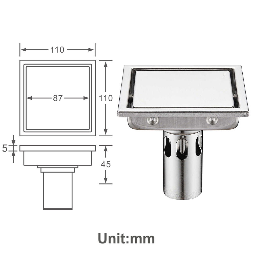 Stainless Steel Floor Drain 150mm Large Displacement Hidden Tileable Deodorant Floor Drain Floor Drain DyuIhr: S110x110mm