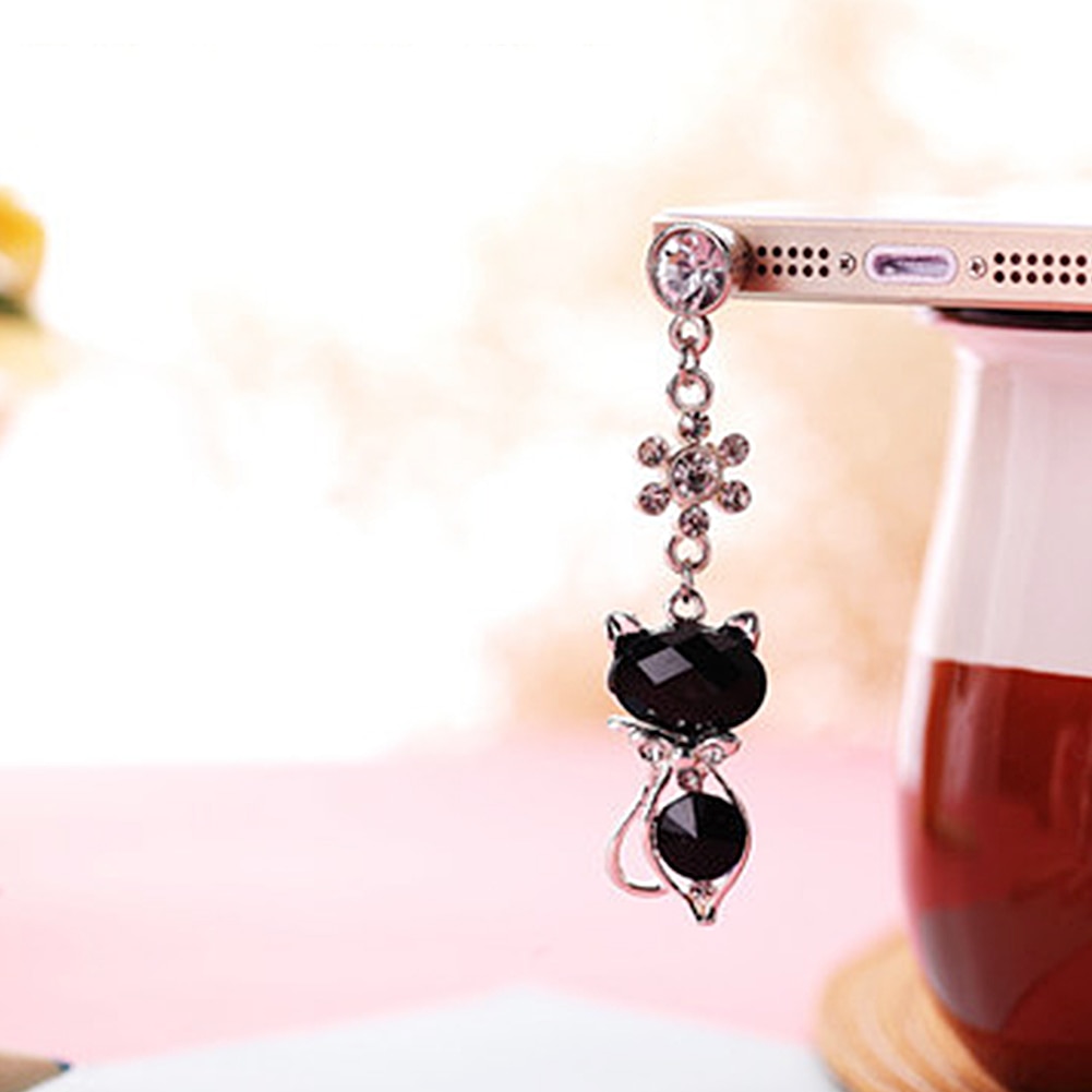Lichtgewicht 3.5 Mm Jack Kat Crystal Anti Dust Plug Earphone Cap Stopper Earphone Jack Plug Leuke Kat Accessoires Voor Telefoon cup #2: Black