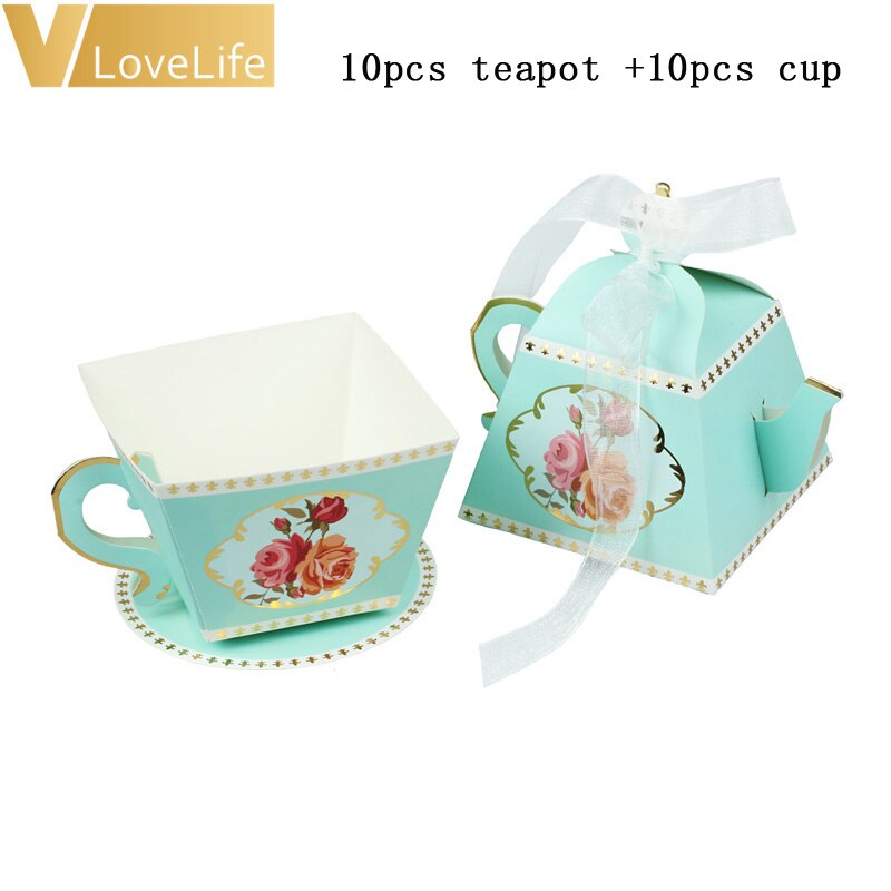 Box Mini Teapot Cup Wedding Favor Boxes Bonbonniere Candy Box with Ribbons for Wedding Birthday Party Decoration 20PCS: blue teapot and cup