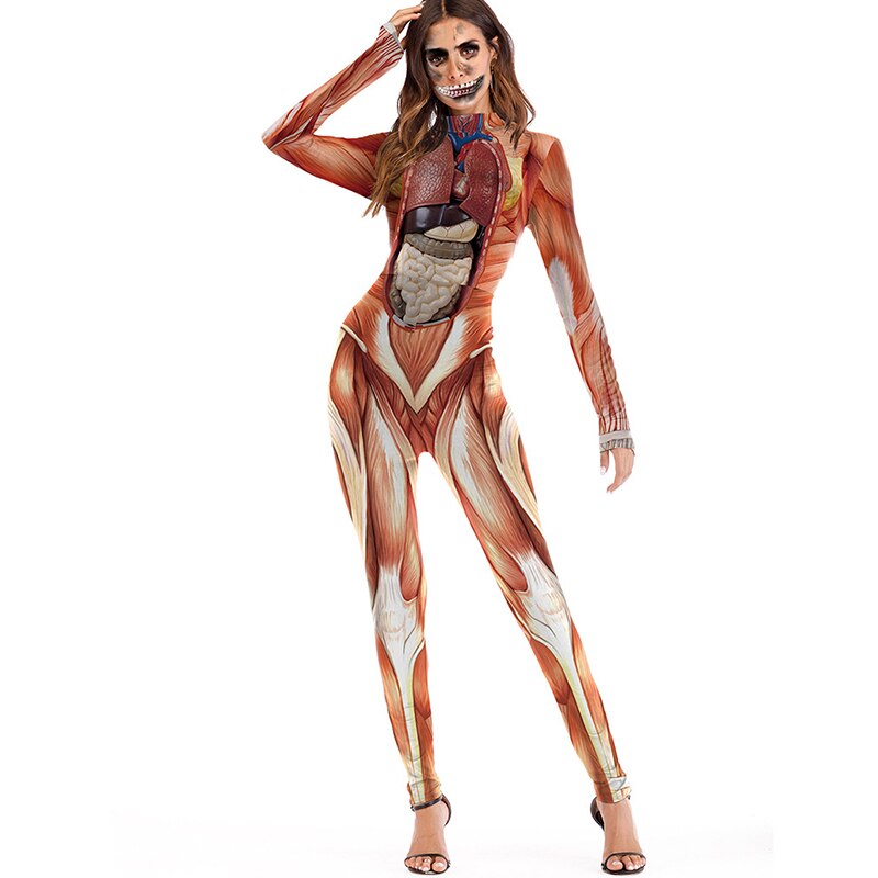 3D imprimer corps d'anatomie humaine combinaison une pièce pour les femmes Muscle à manches longues combinaisons boîte de nuit fête Halloween vêtements
