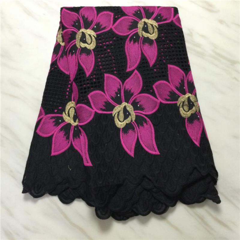 Tela de algodón de gasa Suiza perforada, lazo leche seda, bordado de flores con piedra, 5 yardas, brocado nigeriano, tejido francés africano: Black