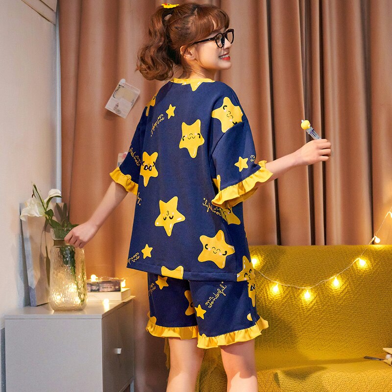 BZEL Blue Stars Sleepwear Cotton Women&#39;s Pajamas Set Sweet Girls Shorts Home Suit Soft Comfort Pijamas Cute Nighty Pyjamas M-3XL