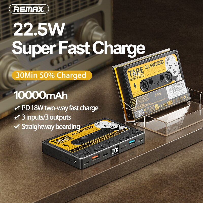 Remax-Batería Externa de 10000mAh PD18W + QC22.5W, Mini pantalla Digital Retro, Powerbank de carga rápida para teléfono, cargador portátil