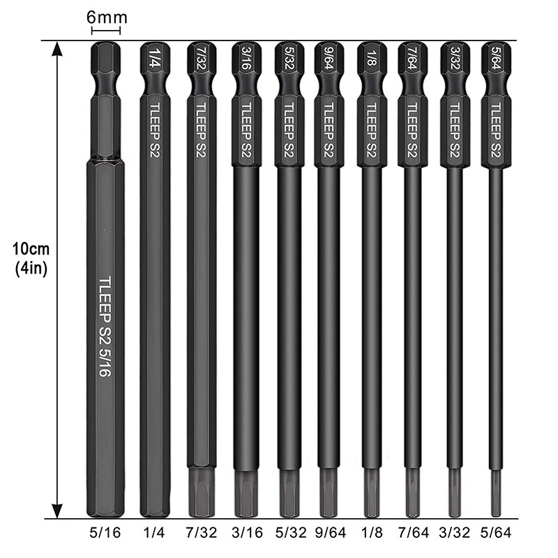 10pcs Hex Head Allen Wrench Drill Bit Set 100mm S2 Steel Allen Screwdriver Bits 1.5 to 12mm SAE Metric Hex Key Bit with Magnetic: 10pc 100mm SAE Inch