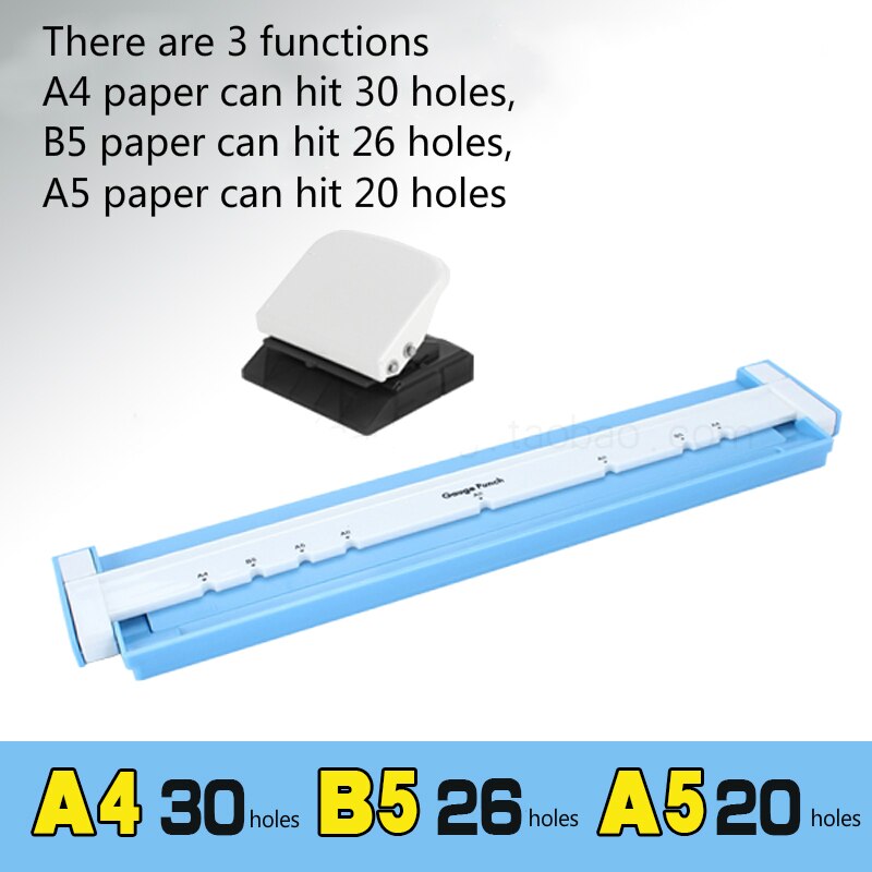 3 tipos de funciones, papel A4 puede golpear 30 agujeros, papel B5 puede golpear 26 agujeros, papel A5 puede golpear 20 agujeros, máquina perforadora
