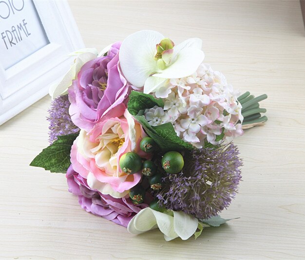 Kyunovia Chic Peony Bouquet Artificial Orchid Wedding Decoration Silk Flowers Natural Bridesmaid bouquet Bridal Bouquet D39: Purple
