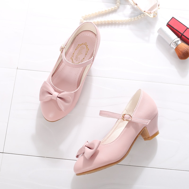 SKHEK Girls Princess Dress Shoes Bowknot Children Princess Sandals High Heels Dancing Kids Shoes size 28~37 Pink White
