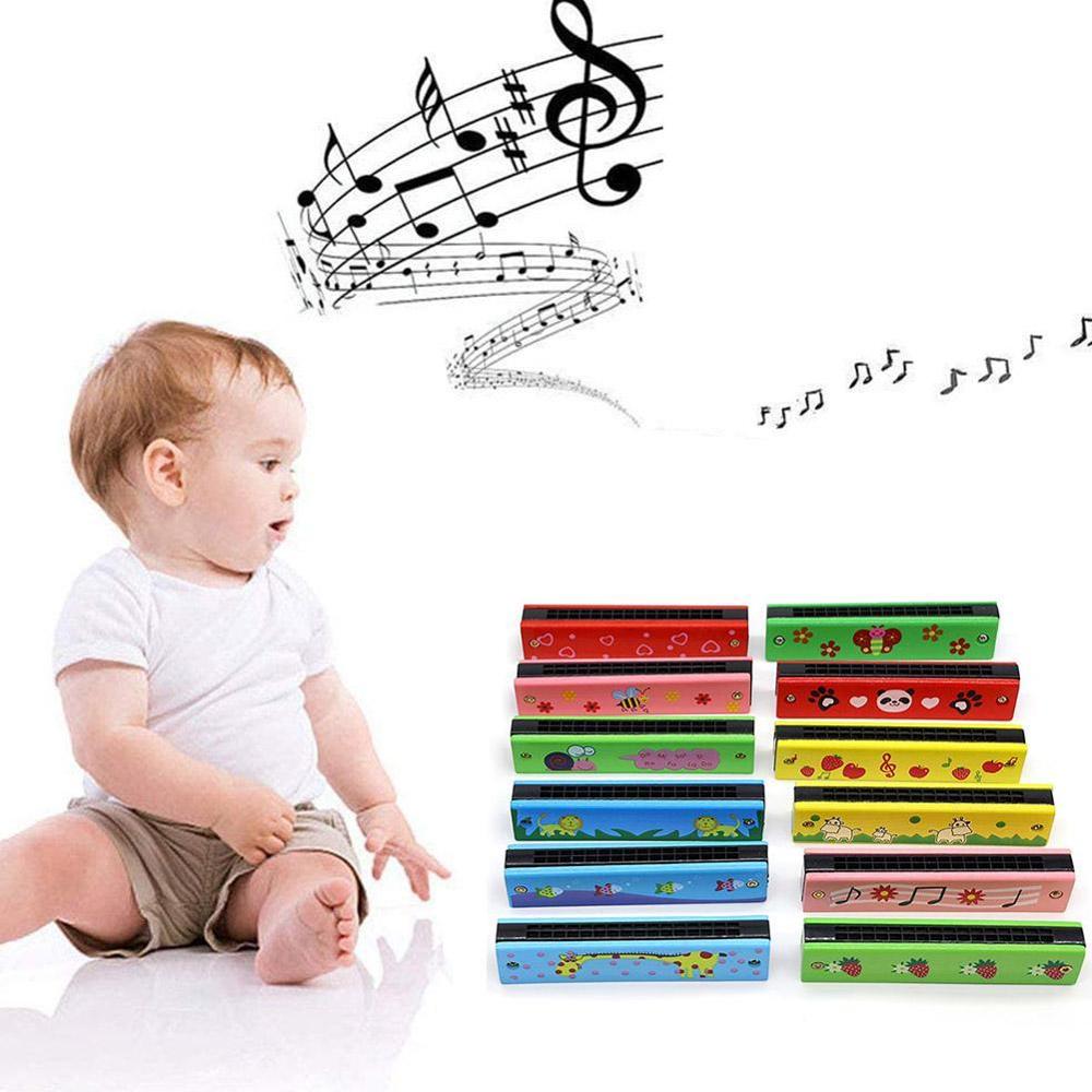 Armónica de madera pintada para niños, instrumento de doble hilera con 16 orificios, instrumento musical para la boca P1E5