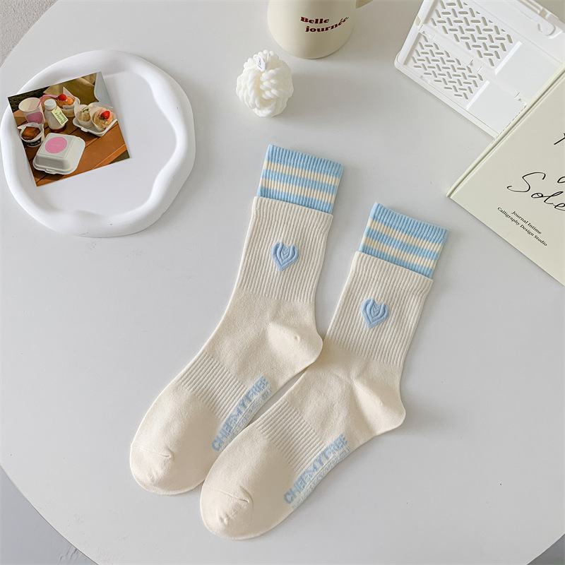 Women Cotton Socks Stripes Love Heart Embroidery Cotton Crew Socks Cute Kawaii Harajuku Streetwear Lolita Girls Calcetines Mujer: Dark Grey