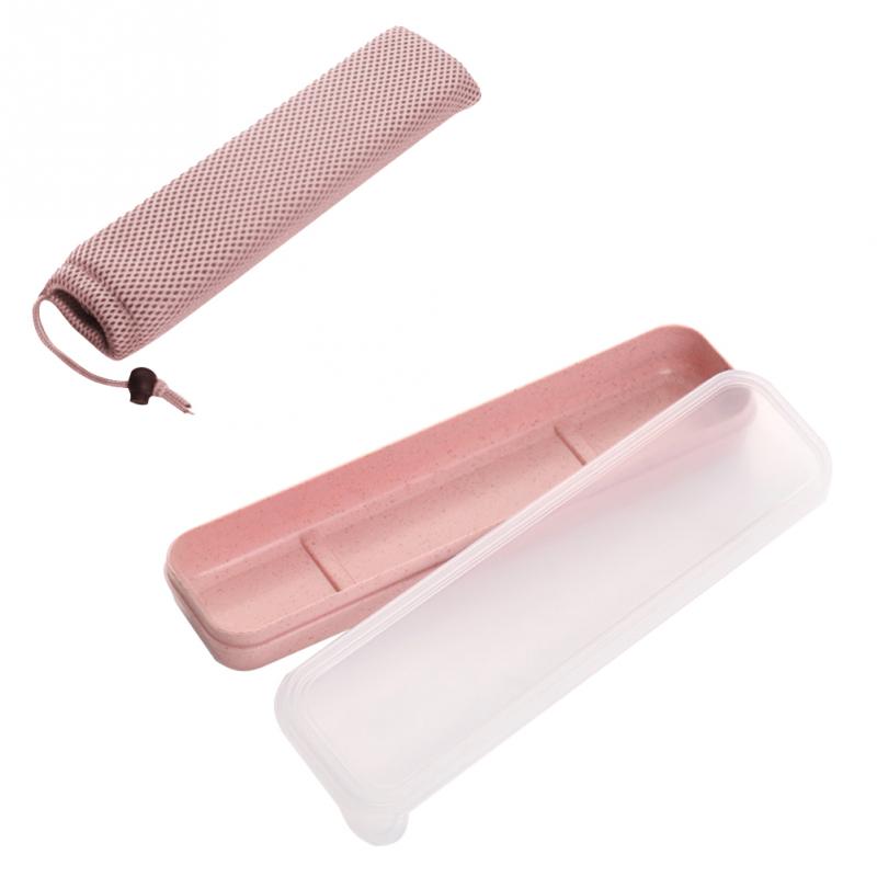 Outdoor Herbruikbare Praktische Transparante Cover Tarwe Stro Slot Bestek School Servies Box Set Met Opbergtas Reizen: Roze