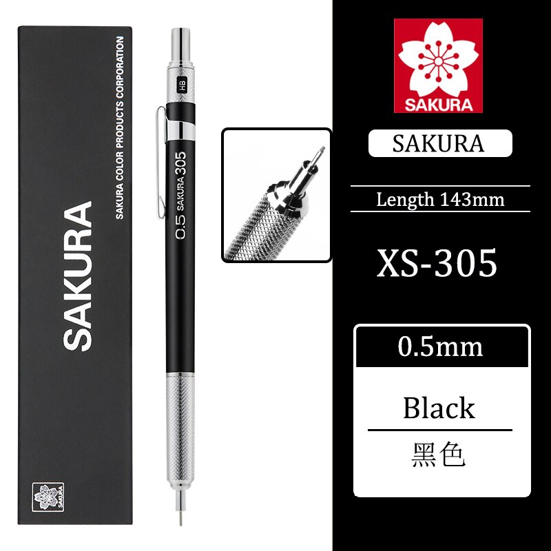 1Pcs Sakura XS-303 Metalen Staaf Anti-Gebroken Kern Tekening Automatische Potlood 0.3Mm/0.5Mm Niet te Breken Schets Hand Getekende Comics: 0.5 black