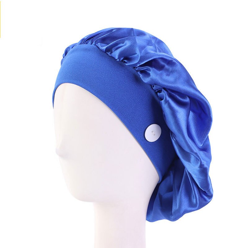 Satin Silk Nightcap Sleep Button Elastic More style Cap Nurse Hat Women Solid Long Hair Cap Hat Head Cover Bonnet Hat: royal blue