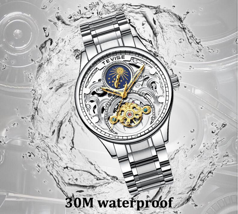 Montre TEVISE phase de lune tourbillon creux automatique mécanique en acier inoxydable poignet hommes montres main bracelet montre
