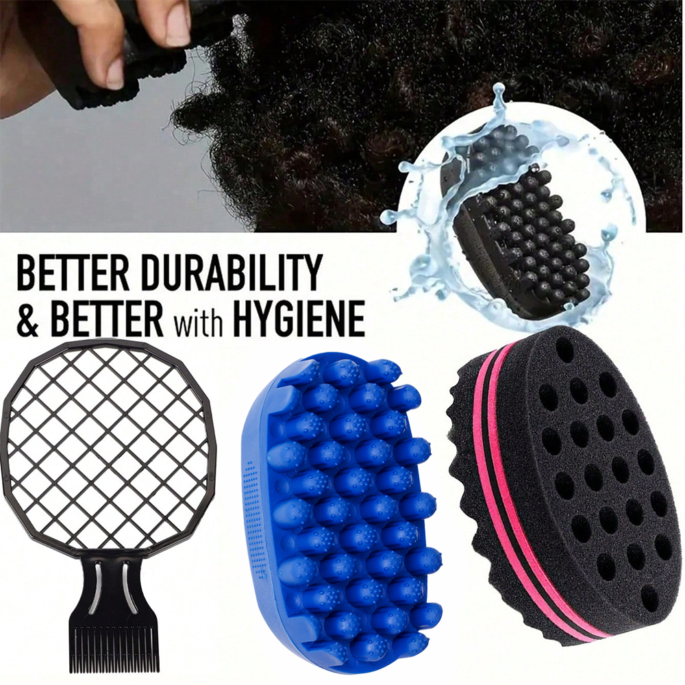 3pcs Big Holes Magic Sponge Brush Silicone Brush for Wave, Coils, and Afro Hair - Hair Care Tool for Men and Women, Hair Brushes: green