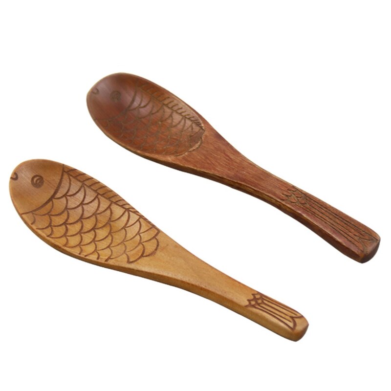 Cuchara de madera en forma de pez de estilo japonés, cuchara de textura tallada a mano, vajilla