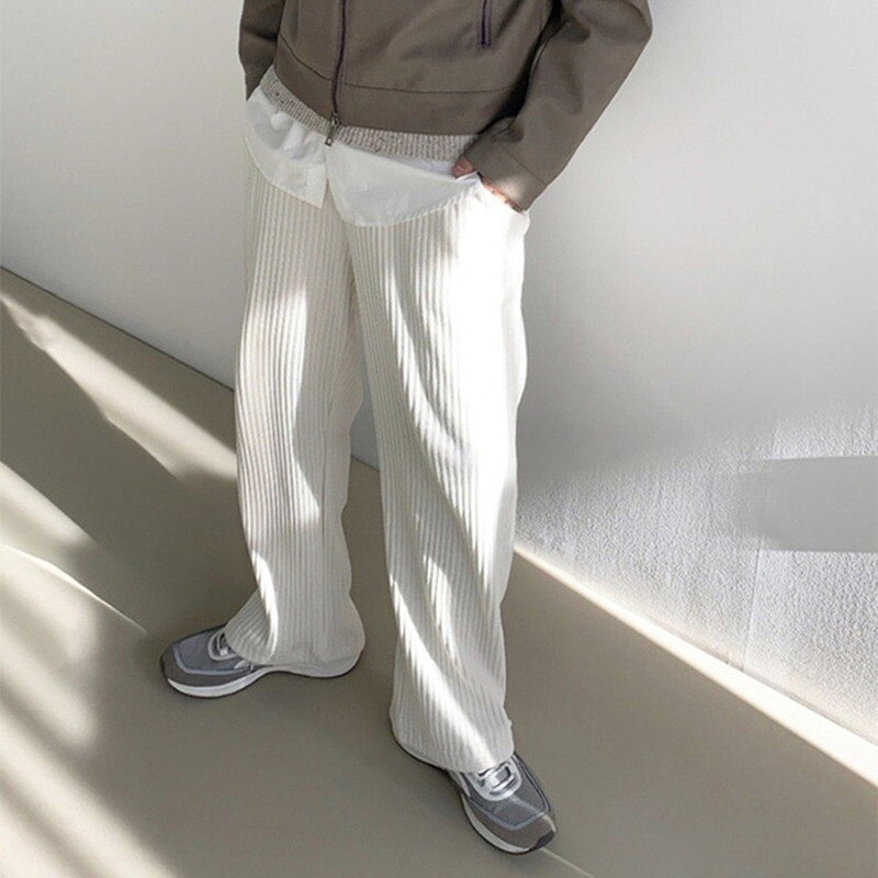 Men's Solid Color Vertical Pattern Loose Flared Pants European American Trend Drape Straight Casual High Waist Trousers