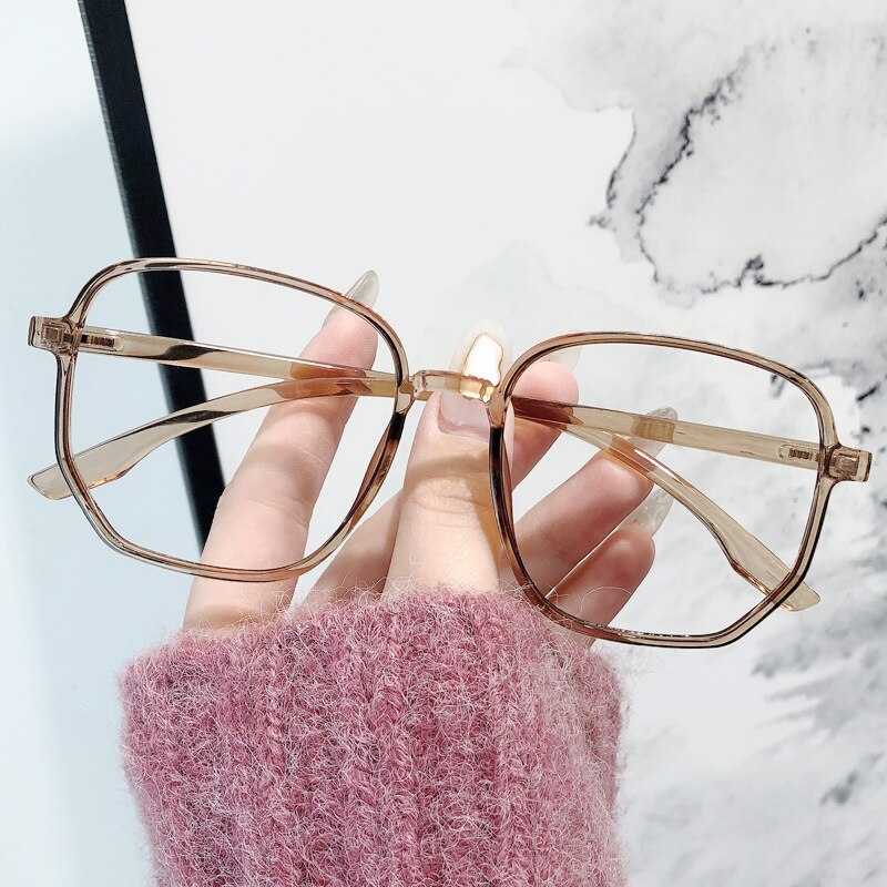 Anti-blue Glasses Retro Flat Mirror Large Frame Irregular Polygon Flat Mirror Ins Net Celebrity Plain Thin Glasses: Tea / Empty frame no lens