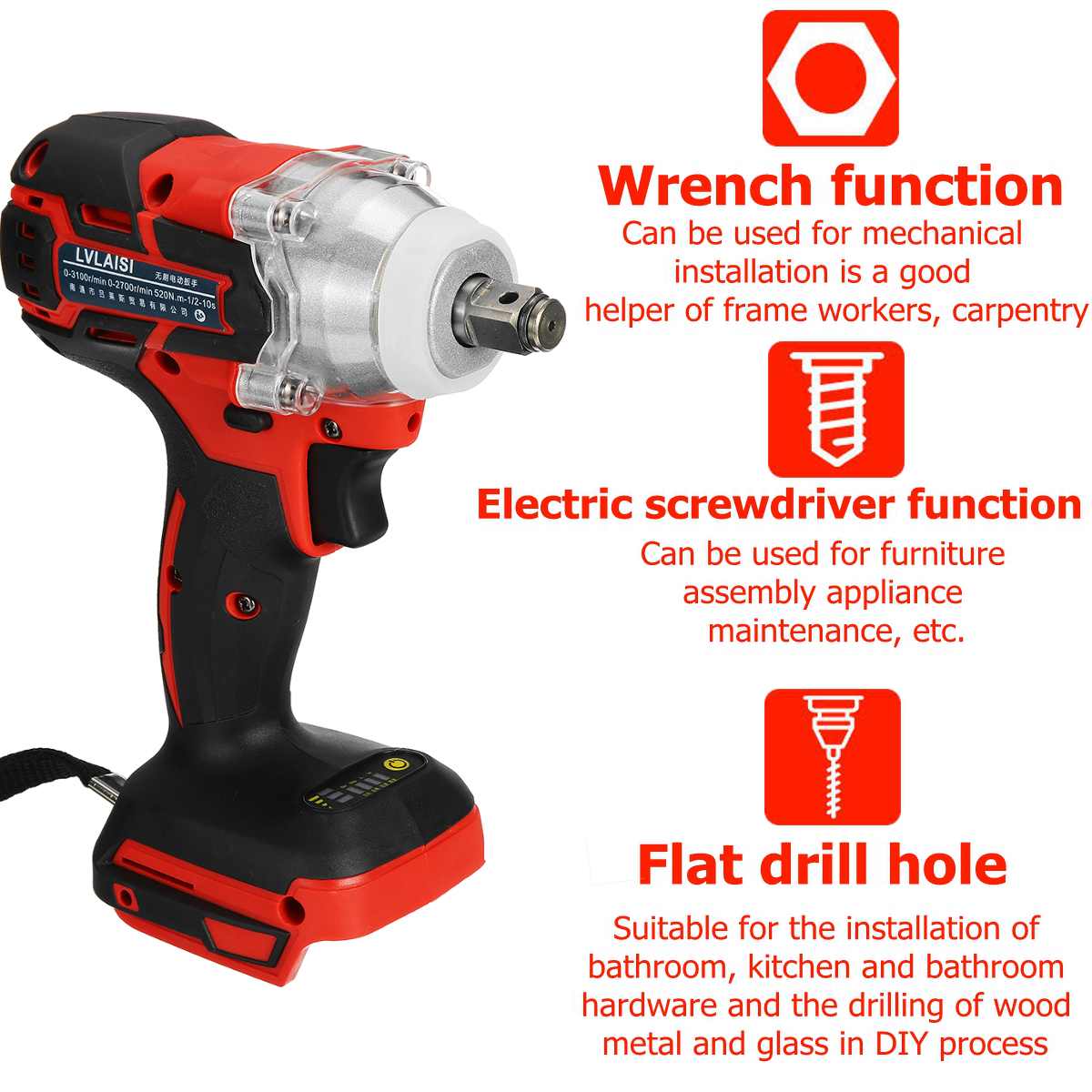 18V 520N.m. Li-Ion Cordless Impact Wrench Driver 1/2 Electric Wrench Replacement for Makita Battery DTW285Z