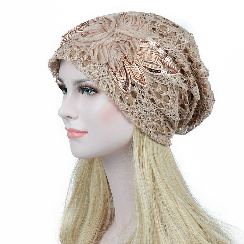 Gorro de encaje de flores para mujer, gorros ahuecados, informales, cómodos, bonito: Caqui